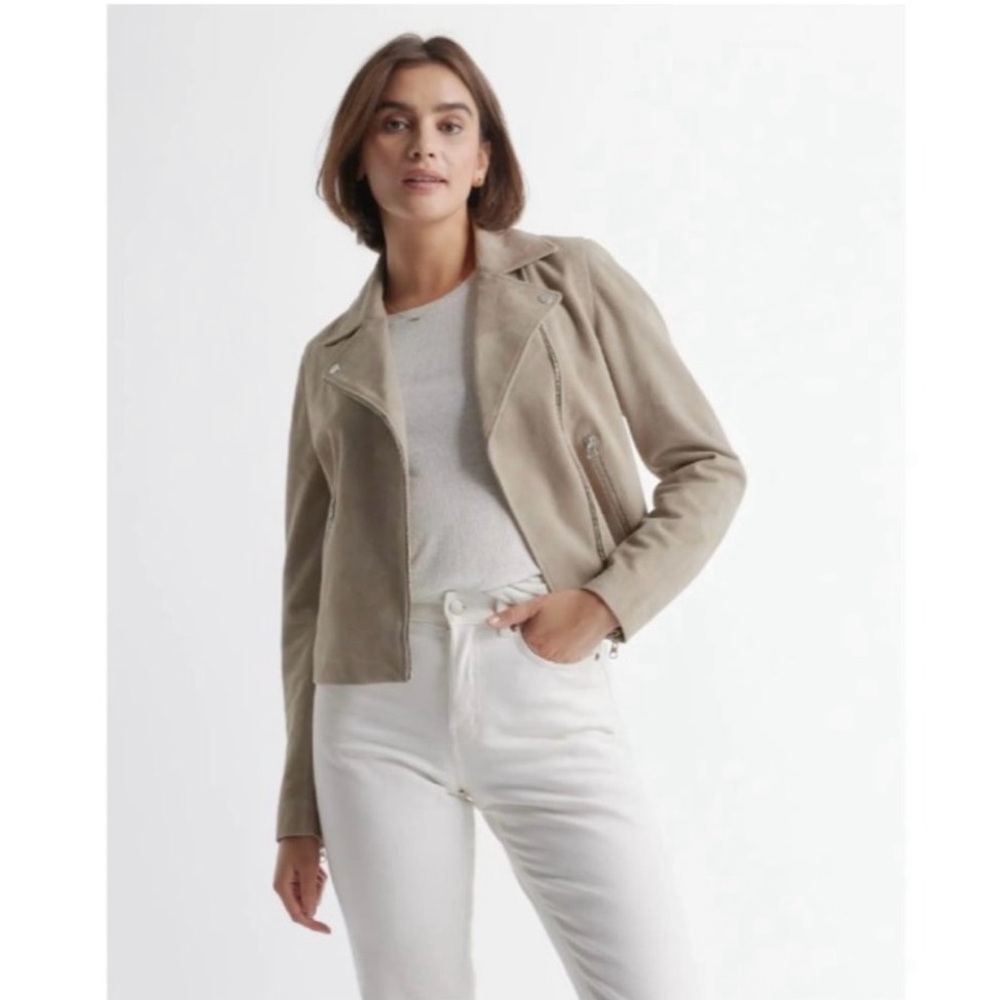 Quince Womens 100% Suede Leather Biker Jacket Zip Pockets Sand Beige XL NWOT